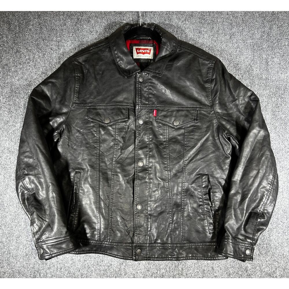 Y2K Levi's Leather Trucker Jacket Large Black Plaid Lined